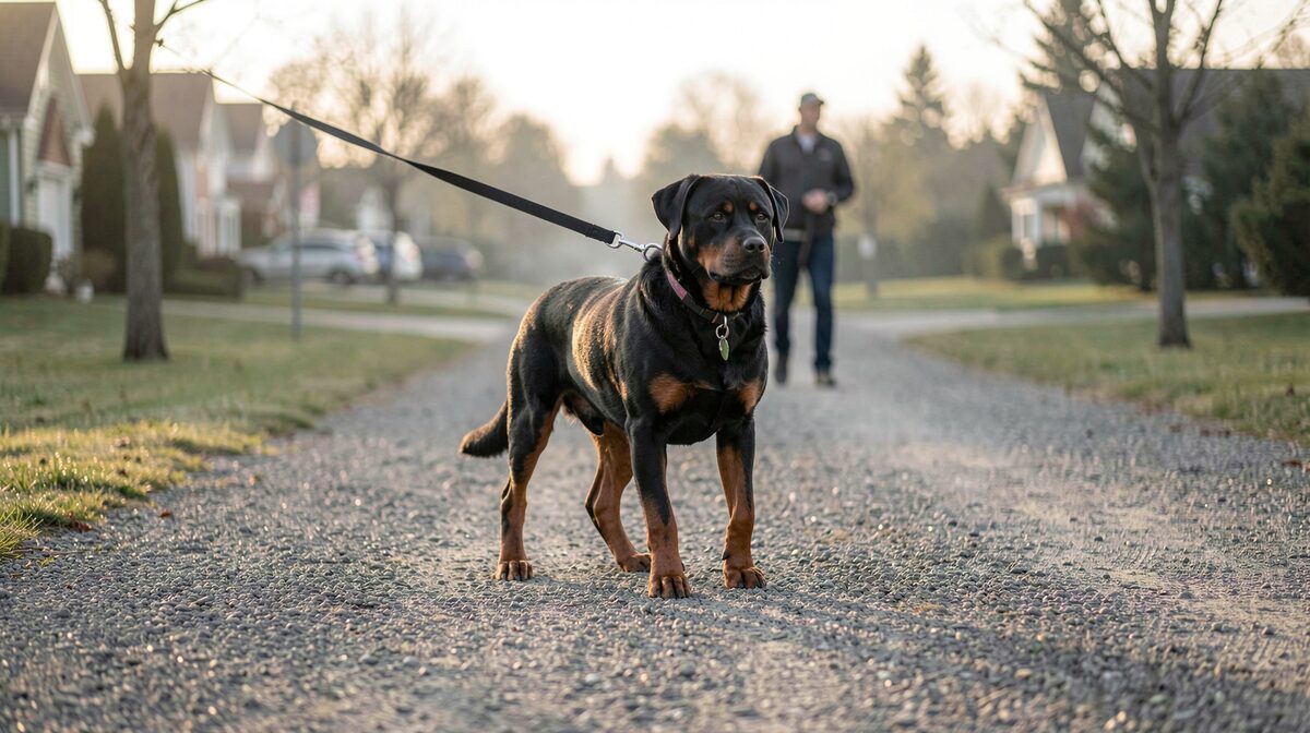 Ein Rottweiler an lockerer Leine auf einem breiten Kiesweg am Rand eines Wohngebiets, am frühen Morgen, weiches Seitenlicht, Halter im Hintergrund unscharf, mittlere Totale.